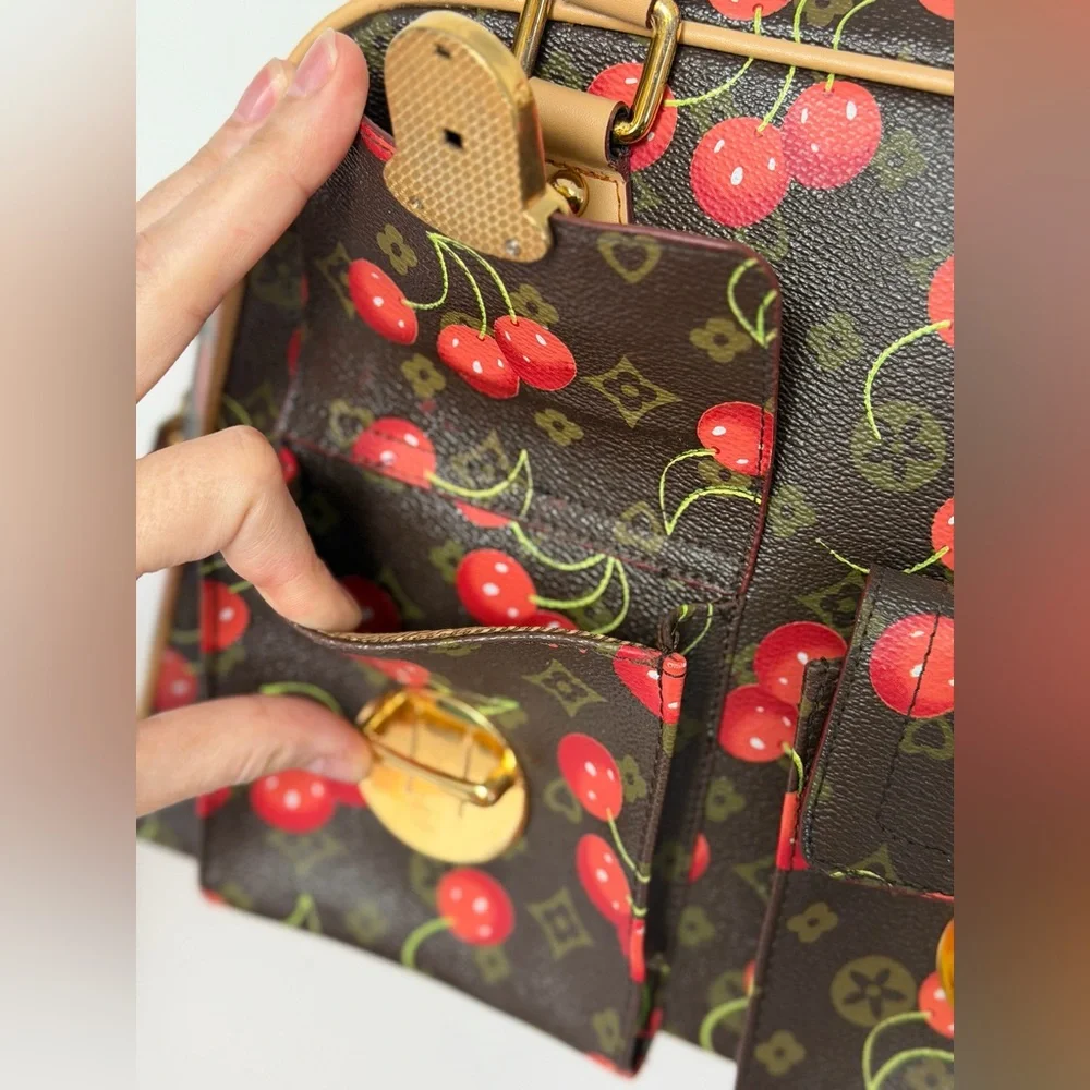 Cherry Print Satchel Handbag - Brown & Red - Picture 5 of 9